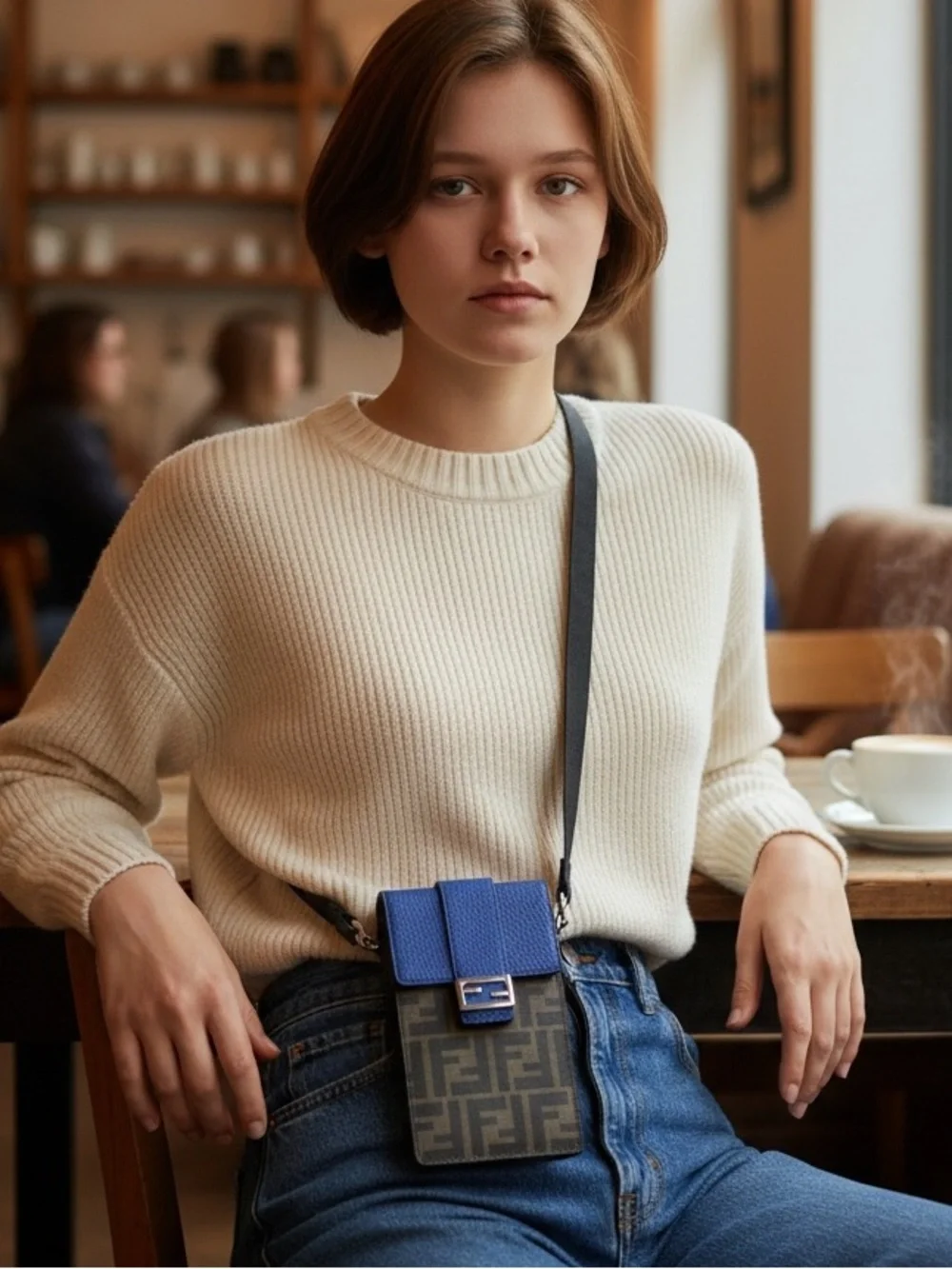 Fendi FF Zucca Phone Crossbody Bag Blue Leather